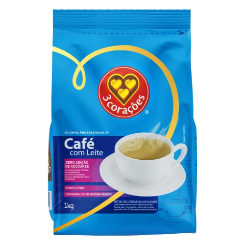 CAFÉ COM LEITE SOLÚVEL SEM ADIÇÃO DE AÇÚCAR 3 CORAÇÕES PROFISSIONAL PACOTE 1KG