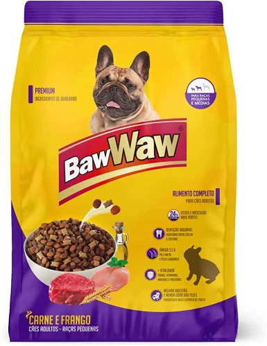 RAÇÃO BAW WAW PARA CÃES PEQUENO E MÉDIO PORTE SABOR CARNE E FRANGO 10 1KG