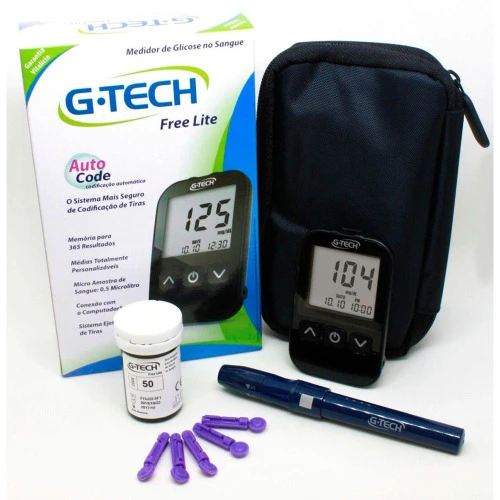 KIT G TECH FREE LITE MEDIDOR DE GLICOSE  1 CANETA LANCETADORA  10 TIRAS DE TESTE  10 LANCETAS