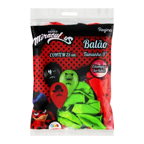 BALÃO DECORADO MIRACULOUS SORTIDO REGINA 9 PACOTE 25 UNIDADES