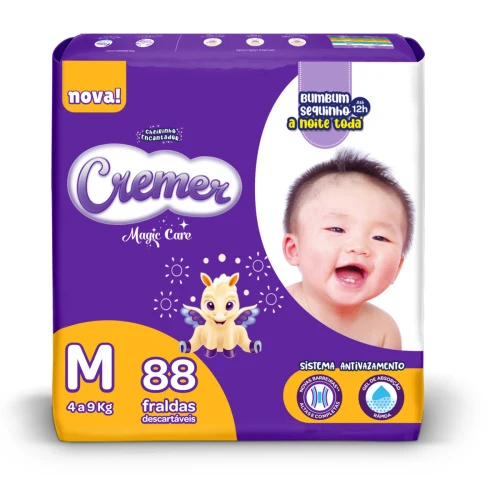 FRALDA DESCARTÁVEL INFANTIL CREMER MAGIC CARE M PACOTE 88 UNIDADES