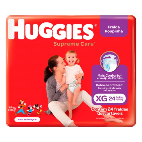 FRALDA DESCARTÁVEL INFANTIL ROUPINHA HUGGIES SUPREME CARE XG PACOTE 24 UNIDADES