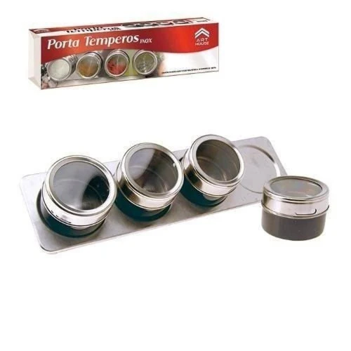 PORTA TEMPEROS MAGNETICO INOX 4 POTES TEMPERO COM SUPORTE ART HOUSE