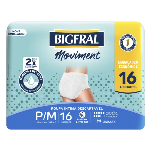 ROUPA ÍNTIMA DESCARTÁVEL UNISSEX BIGFRAL MOVIMENT PARA M PACOTE 16 UNIDADES EMBALAGEM ECONÔMICA
