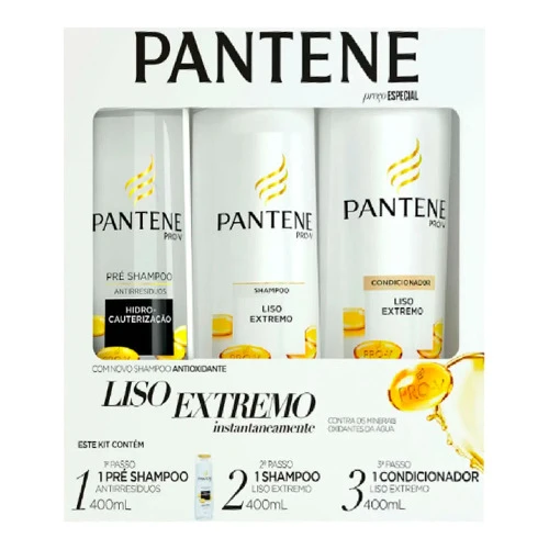 KIT PANTENE LISO EXTREMO PRÉ SHAMPOO 400ML  SHAMPOO 400ML  CONDICIONADOR 400ML