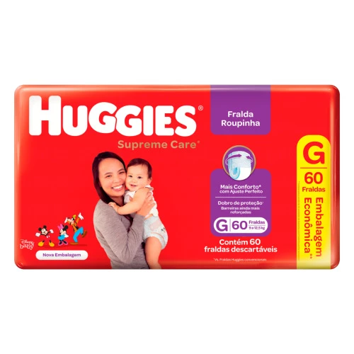 FRALDA DESCARTÁVEL INFANTIL ROUPINHA HUGGIES SUPREME CARE G PACOTE 60 UNIDADES EMBALAGEM ECONÔMICA