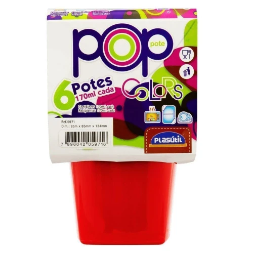 CONJUNTO POTE PLÁSTICO AZUL INTENSO QUADRADO 170ML PLASÚTIL POP COLORS 6 UNIDADES