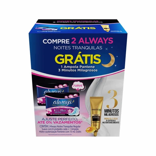 KIT 2 ABSORVENTE ALWAYS NOTURNO COM ABAS SUAVE 8 UNIDADES  AMPOLA PANTENE