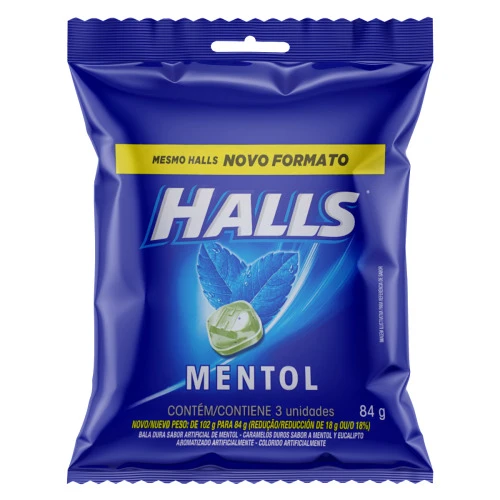 BALA MENTOL HALLS PACOTE 84G 3 UNIDADES