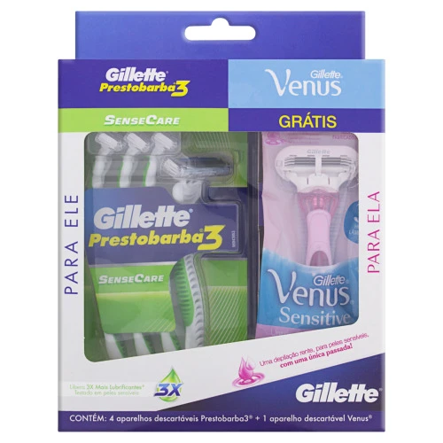KIT 4 APARELHOS DESCARTÁVEIS PARA BARBEAR GILLETTE PRESTOBARBA3 SENSECARE GRÁTIS 1 APARELHO VENUS SE