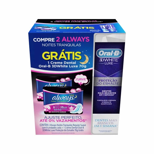 KIT 2 ABSORVENTE ALWAYS NOTURNO COM ABAS SUAVE 8 UNIDADES  CREME DENTAL ORAL B