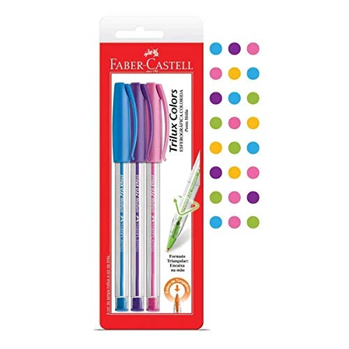 CANETA ESFEROGRÁFICA PONTA MÉDIA TRILUX FABER CASTELL COLORS 3 UNIDADES