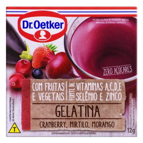GELATINA EM PÓ CRANBERRY MIRTILO E MORANGO ZERO AÇÚCAR DR OETKER CAIXA 12G
