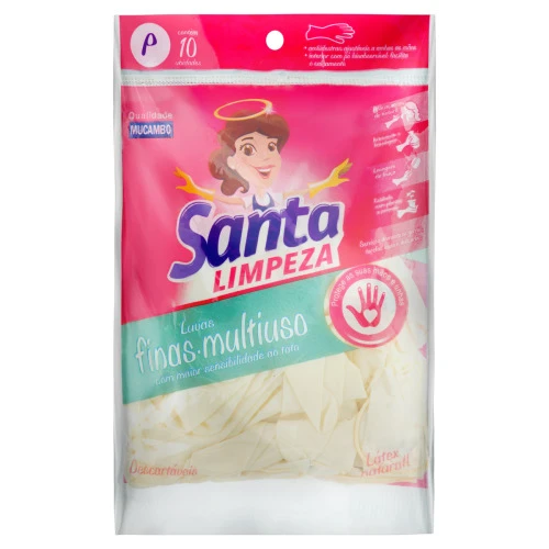 LUVA FINA DESCARTÁVEL MULTIUSO MUCAMBO SANTA LIMPEZA P 10 UNIDADES