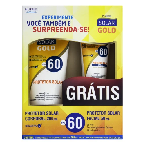 KIT PROTETOR SOLAR FPS 60 SOLAR GOLD 200ML GRÁTIS PROTETOR SOLAR FACIAL FPS 60 50ML