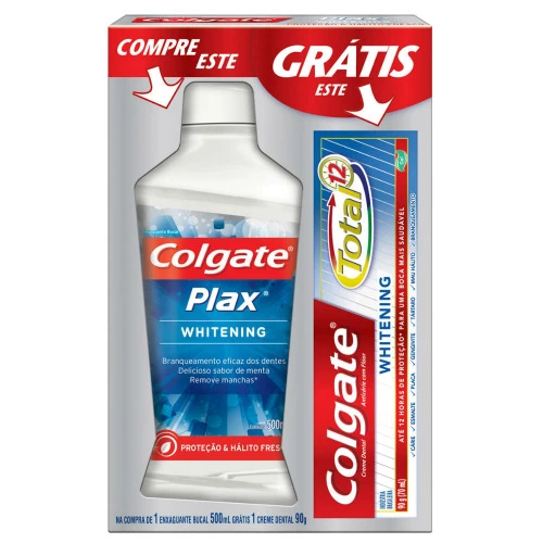 ENXAGUATÓRIO BUCAL COLGATE PLAX WHITENING 500ML GRÁTIS CREME DENTAL COLGATE