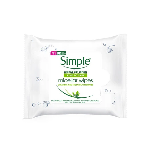 LENÃO UMEDECIDO DE LIMPEZA MICELAR FACIAL SEM PERFUME SIMPLE PACOTE 25 UNIDADES