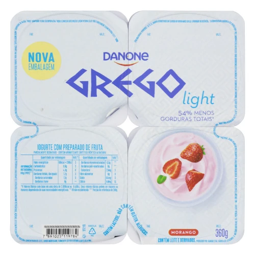 IOGURTE PARCIALMENTE DESNATADO GREGO MORANGO LIGHT DANONE BANDEJA 360G 4 UNIDADES