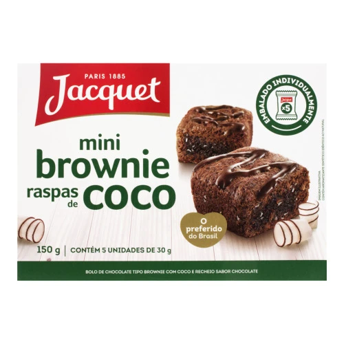 PACK MINIBROWNIE CHOCOLATE COM RASPAS DE COCO RECHEIO CHOCOLATE JACQUET CAIXA 150G 5 UNIDADES