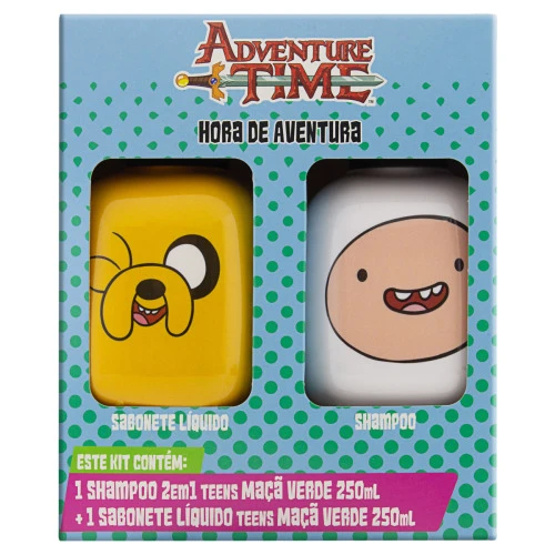 KIT SHAMPOO 2 EM 1 SABONETE LÍQUIDO MAÇÃ VERDE HORA DE AVENTURA TOPZ TEENS 250ML CADA