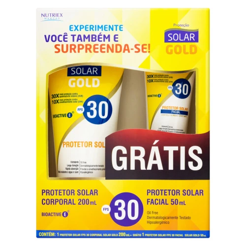 KIT PROTETOR SOLAR FPS 30 SOLAR GOLD 200ML GRÁTIS PROTETOR SOLAR FACIAL FPS 30 50ML