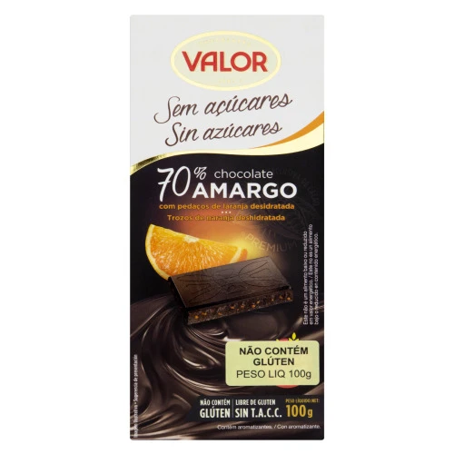 CHOCOLATE AMARGO 70 CACAU PEDAÇOS DE LARANJA DESIDRATADA ZERO AÇÚCAR VALOR CAIXA 100G