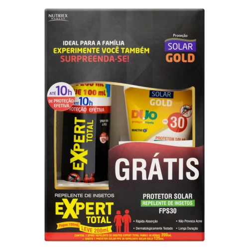 KIT REPELENTE SPRAY EXPERT TOTAL LEVE 200ML PAGUE 100ML GRÁTIS PROTETOR SOLAR COM REPELENTE FPS 30 S