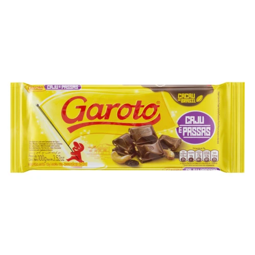 CHOCOLATE AO LEITE CAJU E PASSAS GAROTO PACOTE 100G