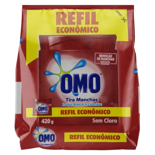 TIRA MANCHAS EM PÓ ROUPAS BRANCAS E COLORIDAS OMO PACOTE 420G REFIL ECONÔMICO