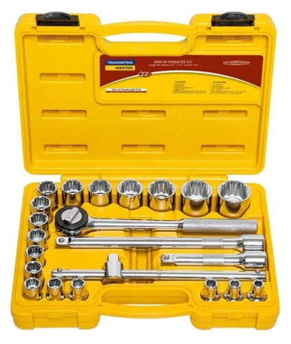 JOGO DE SOQUETE ESTRIADO 8 A 32MM ENCAIXE DE 1 2" (12 7MM) COM 22PEÇAS