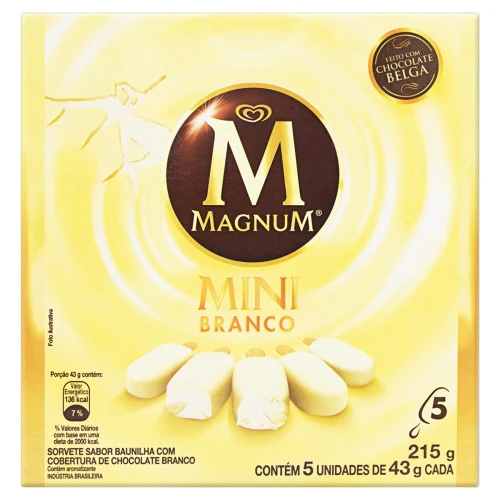 SORVETE CHOCOLATE BRANCO MAGNUM MINI CAIXA 215G 5 UNIDADES