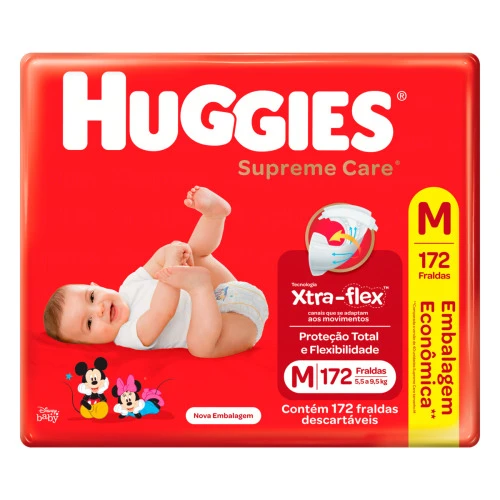 FRALDA DESCARTÁVEL INFANTIL HUGGIES SUPREME CARE M PACOTE 172 UNIDADES EMBALAGEM ECONÔMICA
