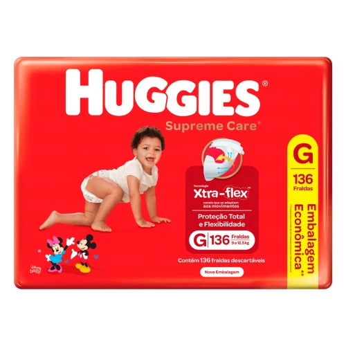 FRALDA DESCARTÁVEL INFANTIL HUGGIES SUPREME CARE G PACOTE 136 UNIDADES EMBALAGEM ECONÔMICA