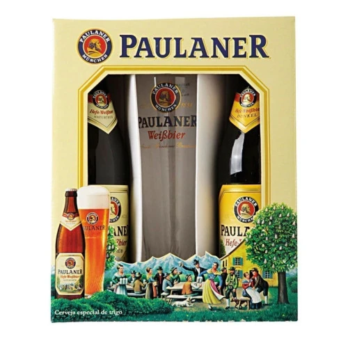 KIT CERVEJA MÜNCHNER HELL + CERVEJA HEFE-WEISSBIER GARRAFA 500ML CADA + 1 COPO PAULANER