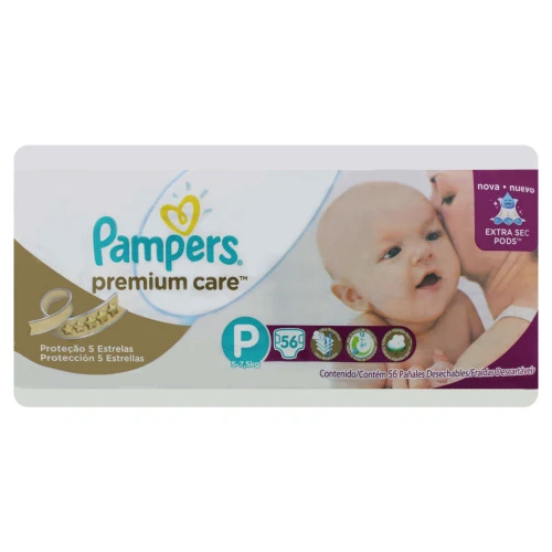 FRALDA DESCARTÁVEL INFANTIL PAMPERS PREMIUM CARE P PACOTE 56 UNIDADES