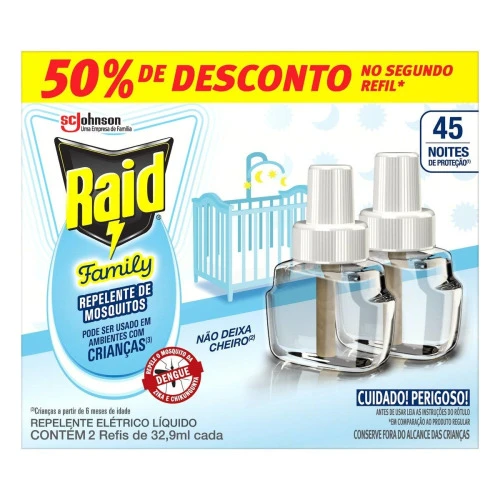 REPELENTE ELÉTRICO LÍQUIDO 45 NOITES RAID FAMILY CAIXA 2 UNIDADES 32,9ML CADA GRÁTIS 50% DE DESCONTO NO SEGUNDO REFIL