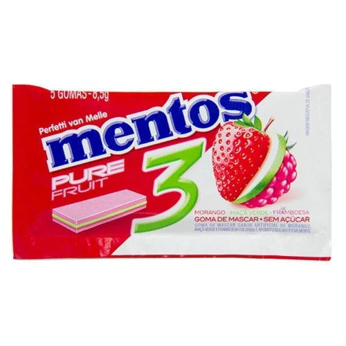 GOMA DE MASCAR MENTOS PURE FRUIT 3 SABOR MORANGO, MAÇÃ VERDE E FRAMBOESA PACOTE 8,5G