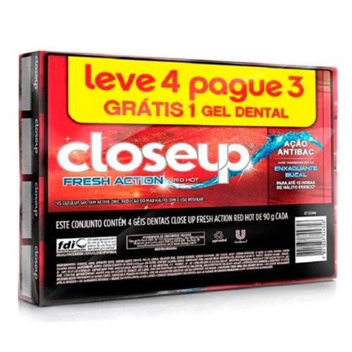 KIT CREME DENTAL CLOSE UP FRESH ACTION RED HOT 90G 4 UNIDADES