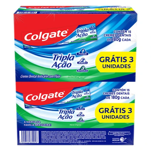 PACK CREME DENTAL MENTA ORIGINAL COLGATE TRIPLA AÇÃO CAIXA 15 UNIDADES 180G CADA GRÁTIS 3 UNIDADES