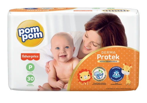 FRALDA DESCARTÁVEL INFANTIL POM POM DERMA PROTEK P PACOTE 30 UNIDADES