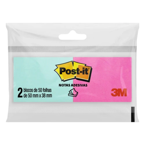 BLOCO DE NOTAS ADESIVAS POST IT 50MM X 38MM 2 UNIDADES 100 FOLHAS