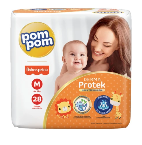 FRALDA DESCARTÁVEL INFANTIL POM POM DERMA PROTEK M PACOTE 28 UNIDADES