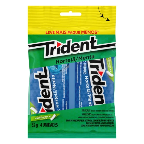 PACK GOMA DE MASCAR HORTELÃ ZERO AÇÚCAR TRIDENT PACOTE 32G 4 UNIDADES LEVE MAIS PAGUE MENOS