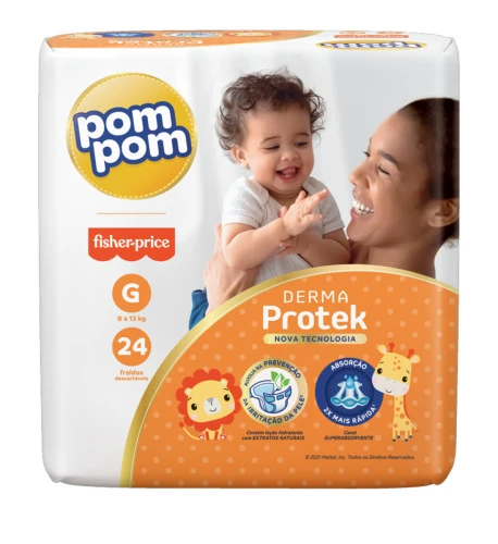 FRALDA DESCARTÁVEL INFANTIL POM POM DERMA PROTEK G PACOTE 24 UNIDADES